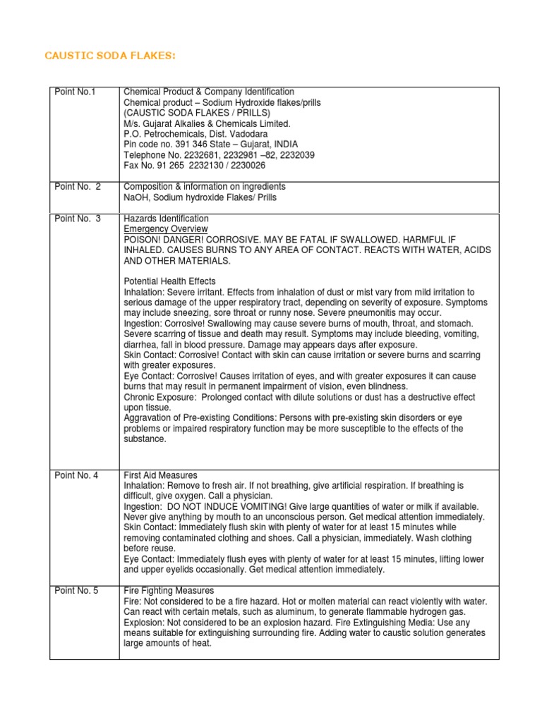 Sodium Hydroxide Flakes Safety Data | PDF | Sodium Hydroxide | Chemical ...
