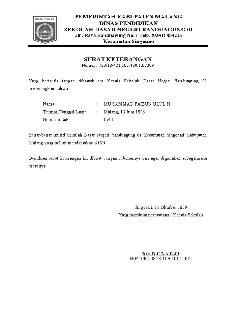 Surat Keterangan Nisn