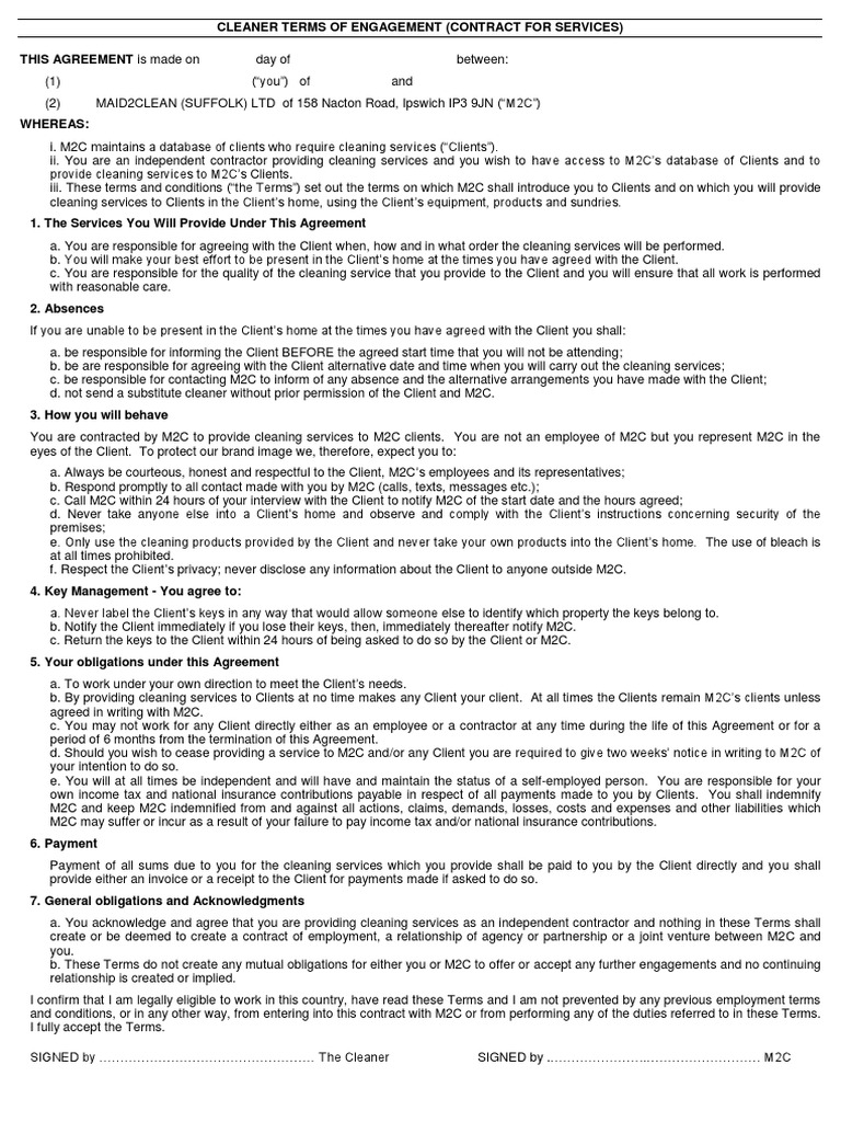 Blank Copy Cleaner Terms of Engagement Download Free PDF Indemnity