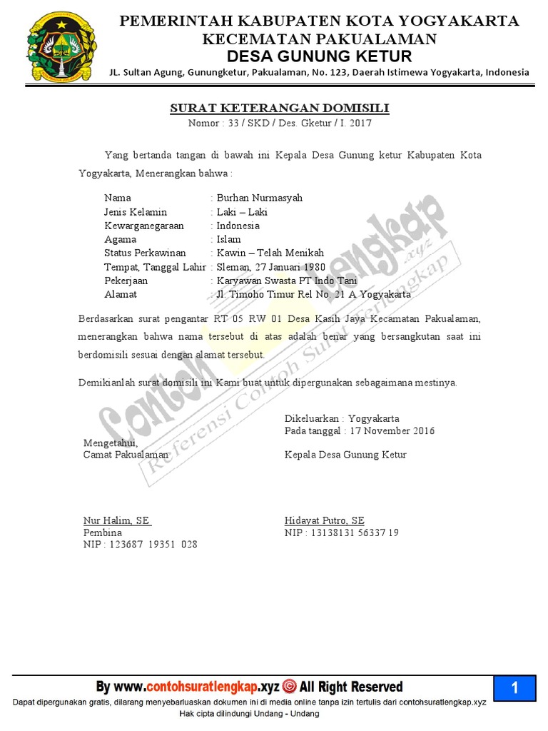 Surat Keterangan Domisili Jogja Contoh Surat
