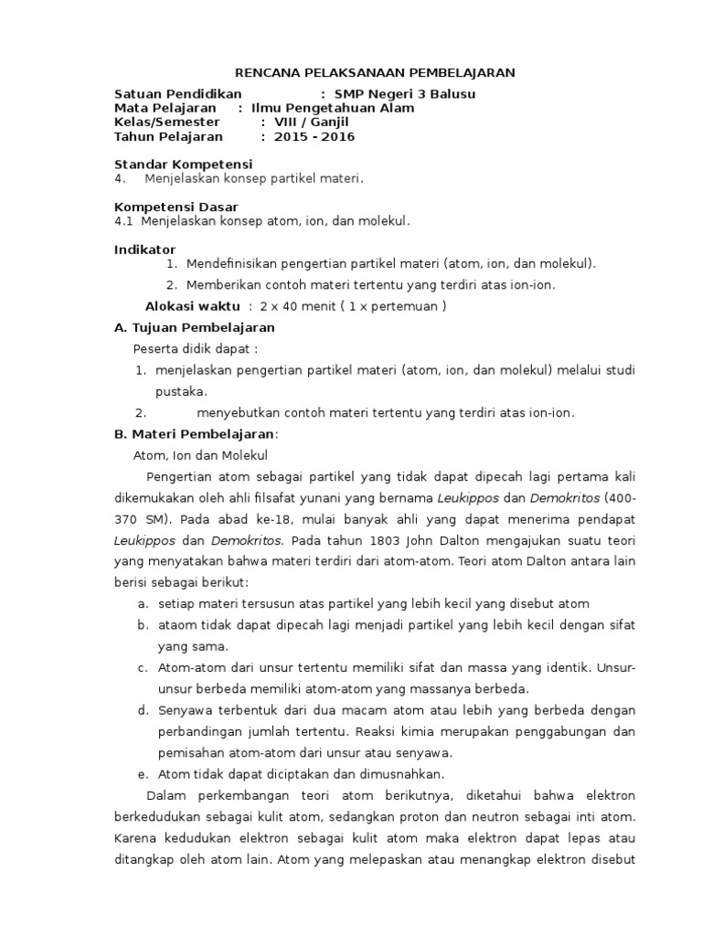 Rpp Kd 4 1 Konsep Atom Ion Dan Molekul