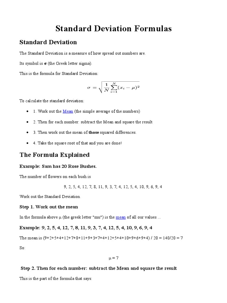 Standard Deviation Formulas PDF Standard Deviation Mean