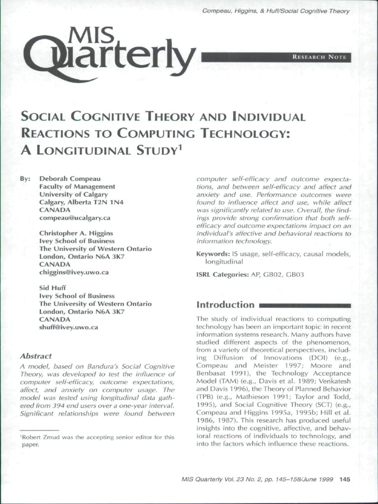 Social Cognitive Theory in IT Usage | PDF | Self Efficacy | Survey ...