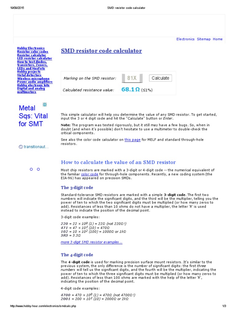 SMD Resistor Code Calculator PDF Resistor Electrical Equipment