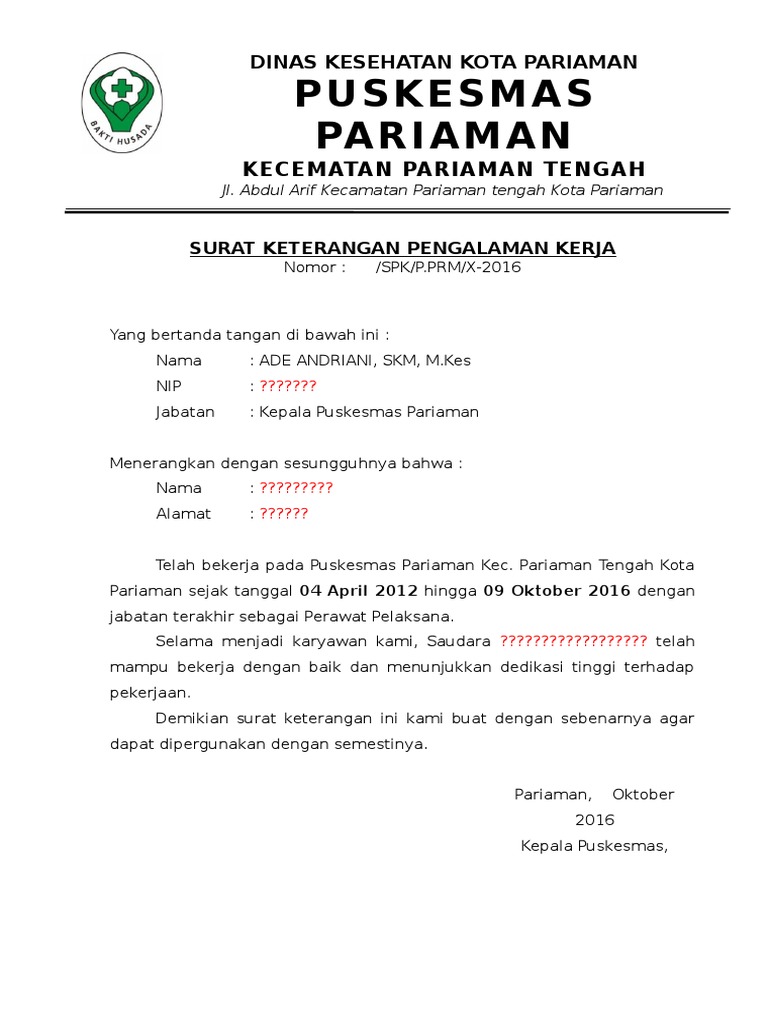 Contoh Surat Keterangan Pengalaman Kerja Di Puskesmas - Kumpulan Surat