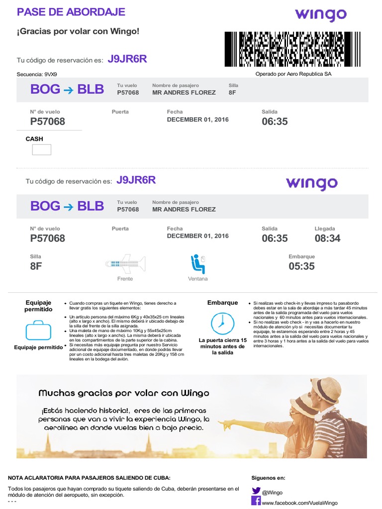 Pases de abordaje para el vuelo P57068 de Wingo de Bogotá (BOG) a