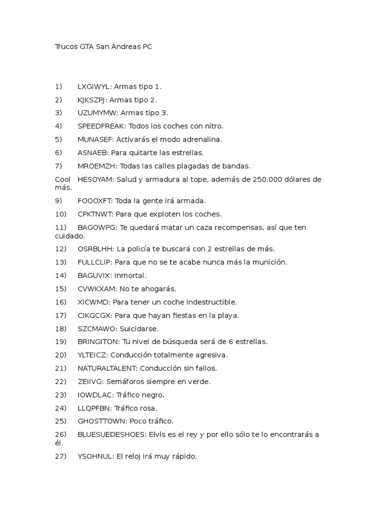 Trucos GTA San Andreas PC PDF