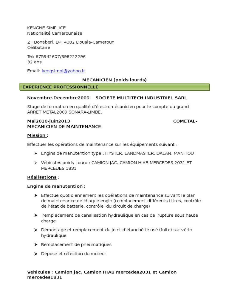 cv mecanicien poid lourd inventaire camion