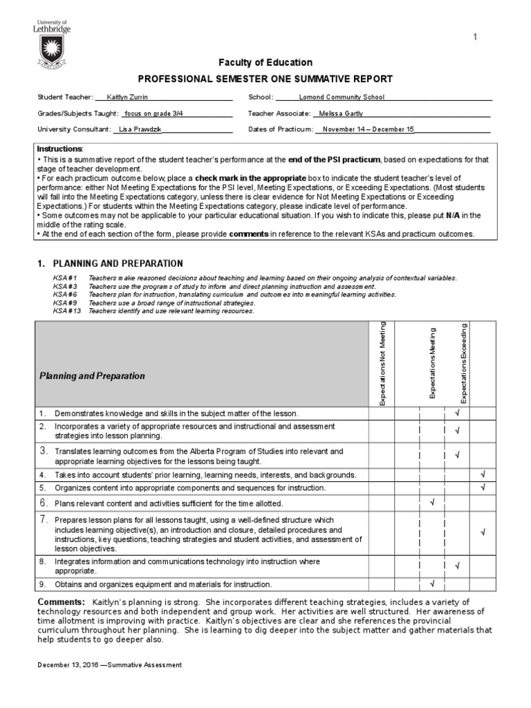 Kaitlyn Zurrin's Teaching Performance Report | PDF | Educational ...