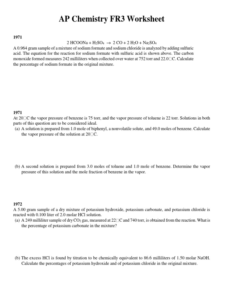 worksheet Ap Chemistry Worksheets ap chemistry fr3 test bank gases combustion