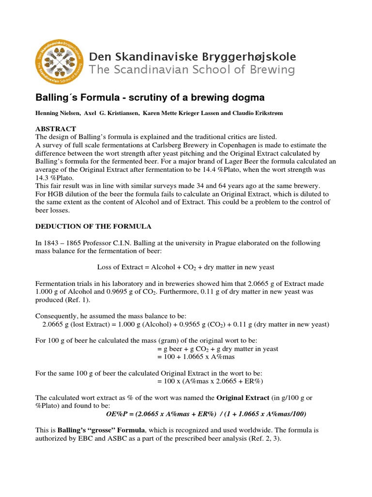 Balling's Formula in Beer Brewing Analysis | PDF | Brewing | Beer