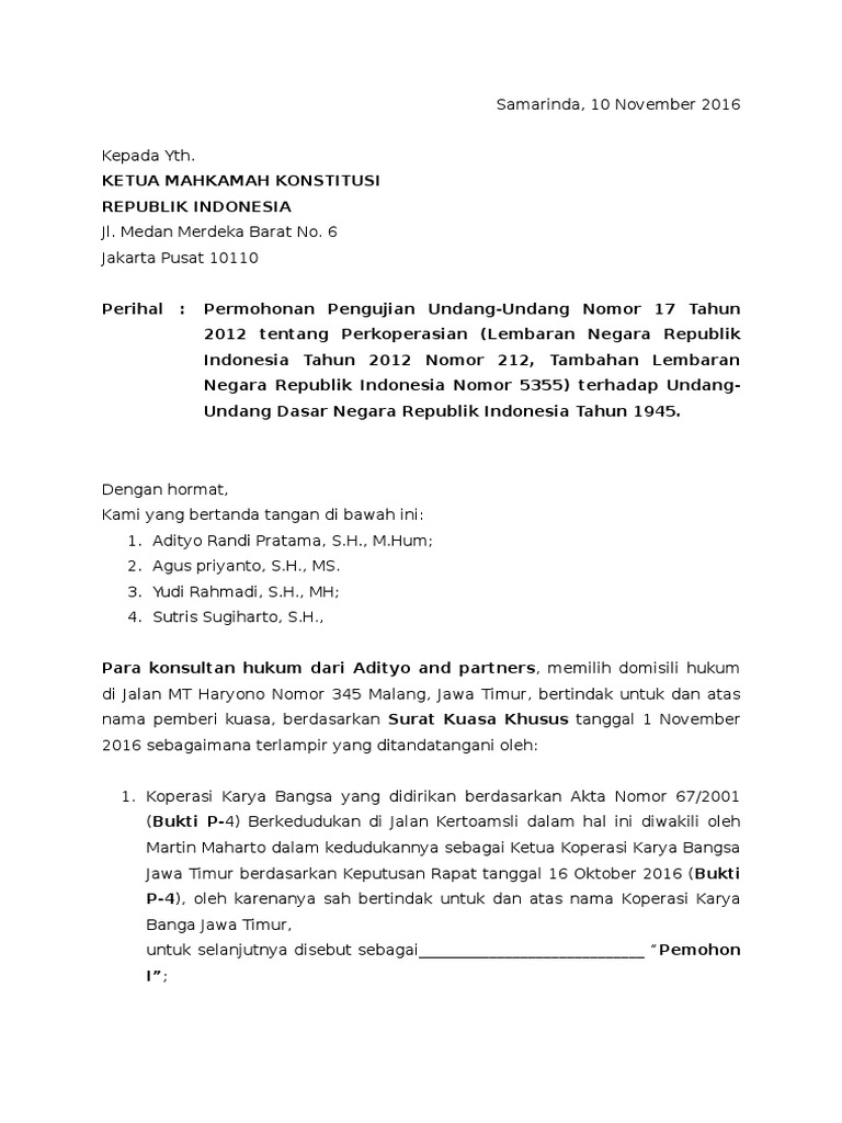 Contoh Surat Perwakilan Kuasa Mahkamah