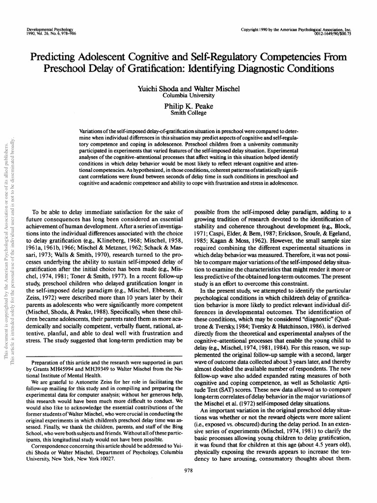 Shoda - Delay of Gratification Study | Delayed Gratification | Self Control