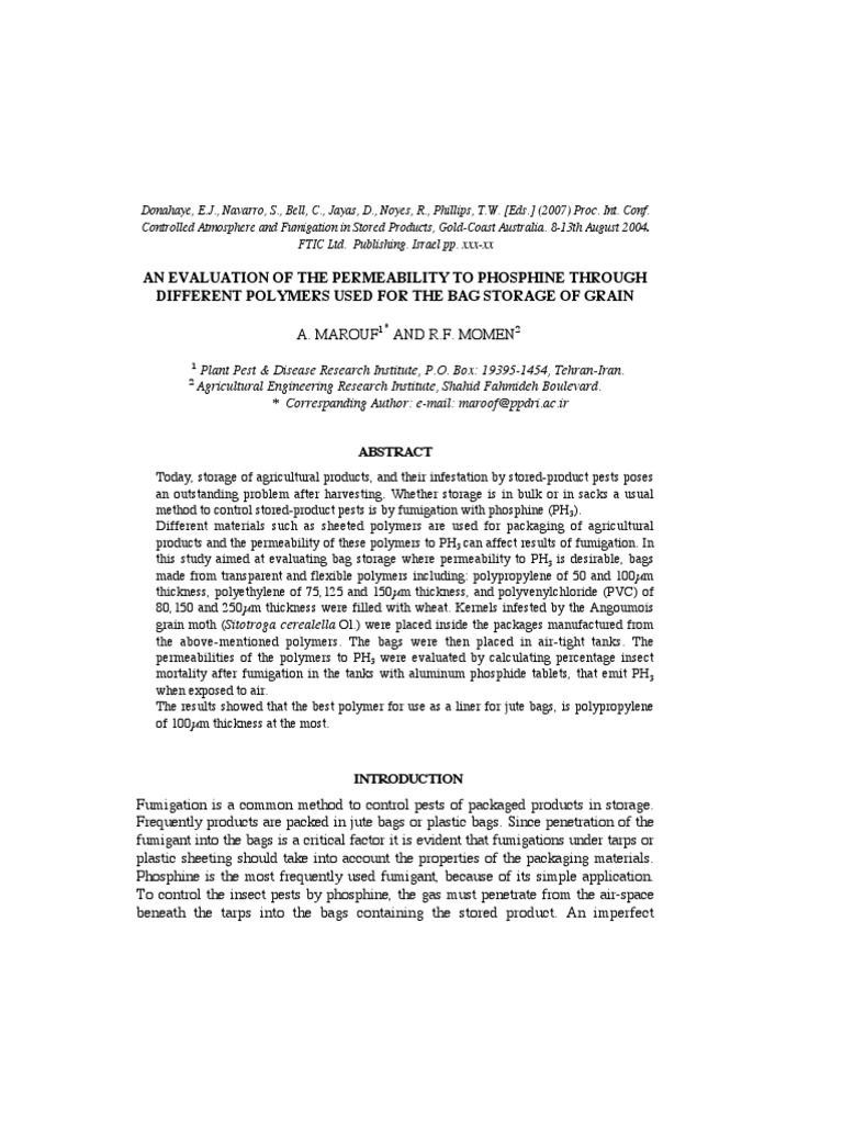 Permeability of Different Plastic Bags To Phosphine 7 PDF Polyvinyl