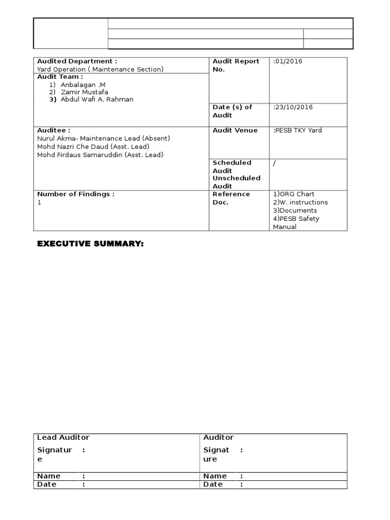 Audited Department: Audit Report No. Audit Team:: Lead Auditor Auditor ...
