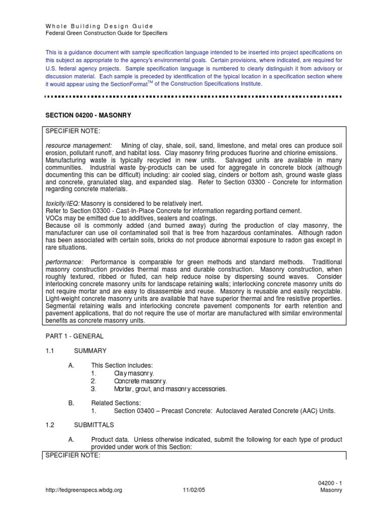 Section 04200 Masonry Whole Building Design Guide Federal Green