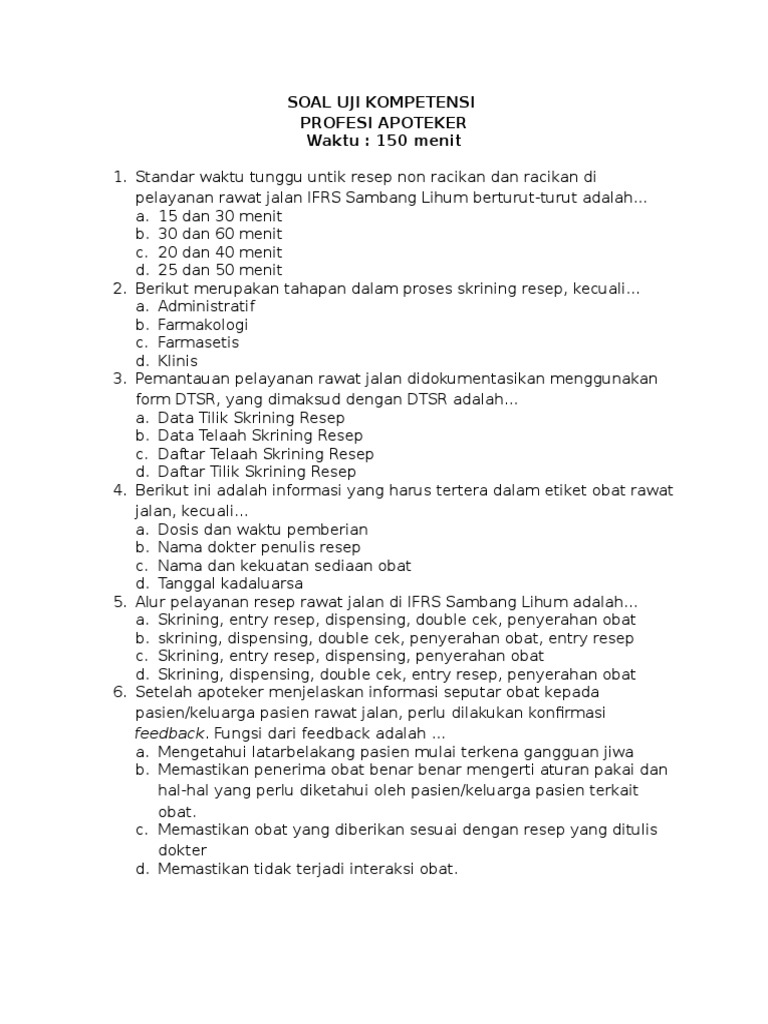 Soal Uji Kompetensi Apoteker Rsj Sambang Lihum