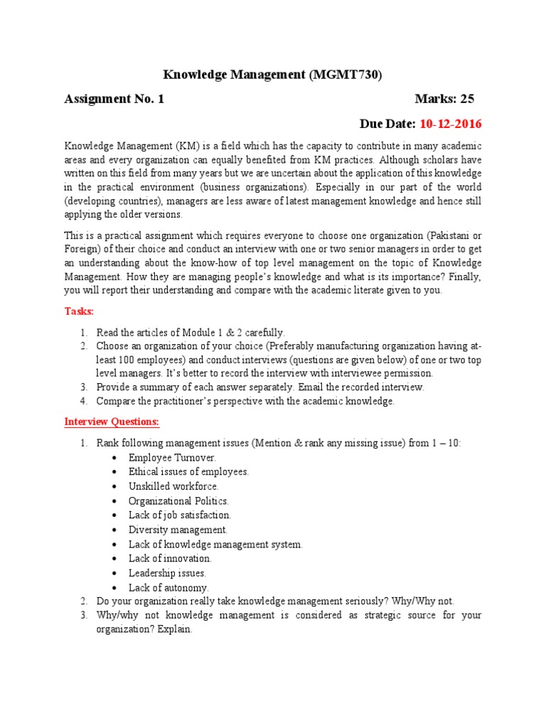 Knowledge Management (MGMT730) Assignment No. 1 Marks: 25 Due Date ...