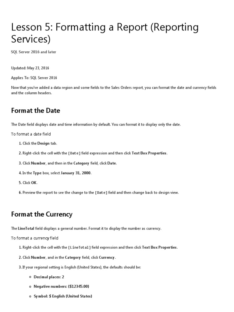 Lesson 5 - Formatting A Report (Reporting Services) | PDF | Business