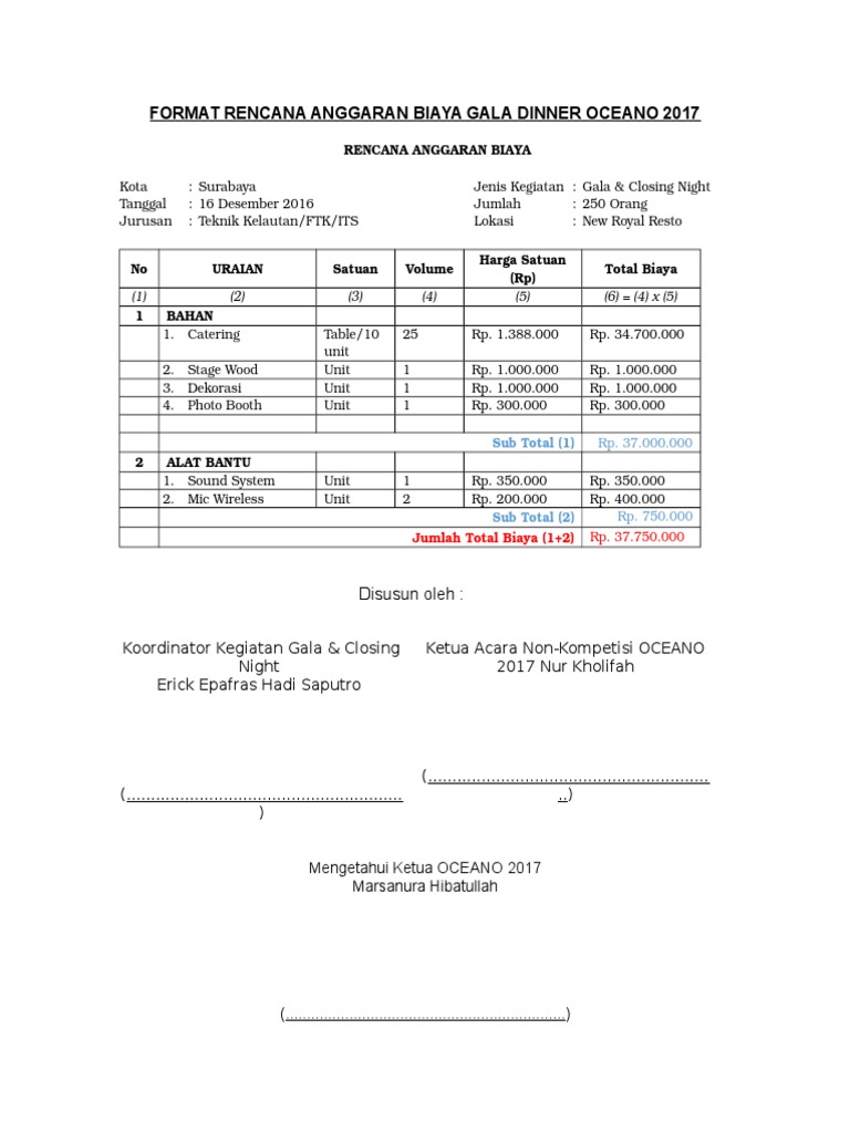Format Rencana Anggaran Biaya Gala Dinner Oceano 2017