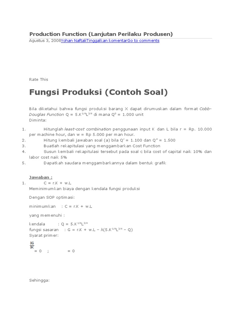 Contoh Soal Fungsi Produksi Cobb Douglas Contoh Soal Terbaru