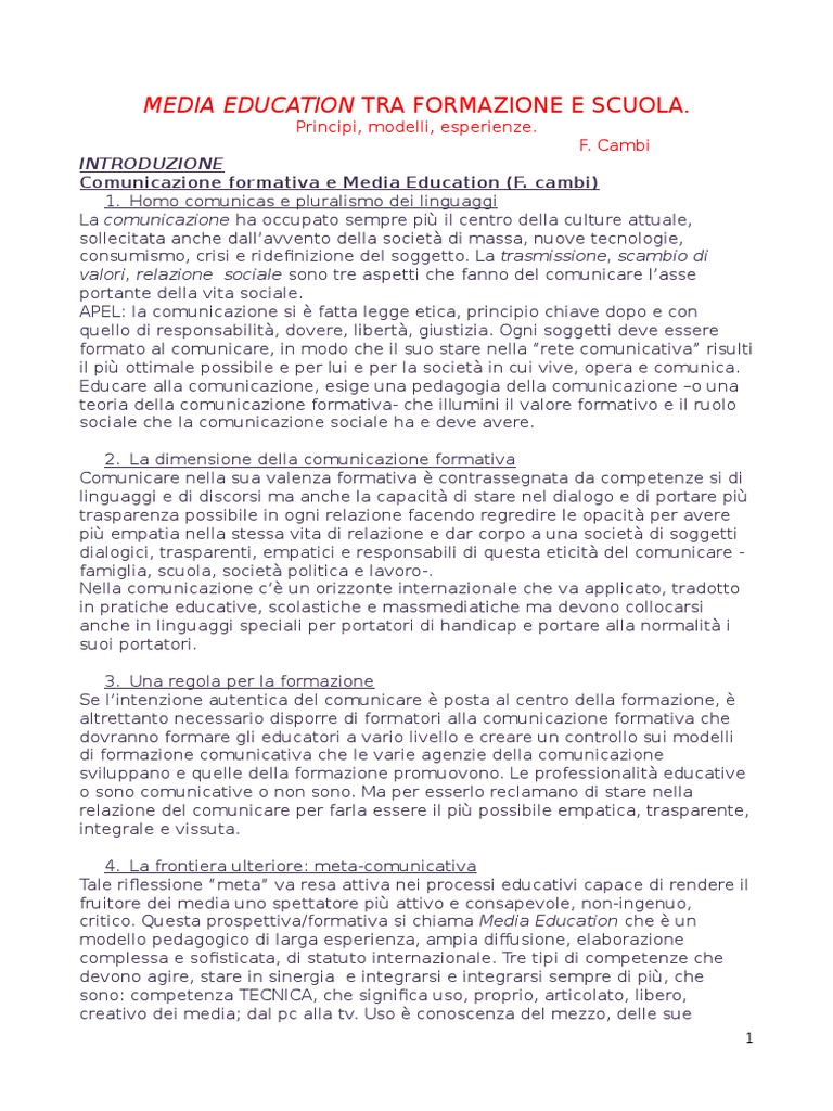 Media Education Tra Formazione E Scuola