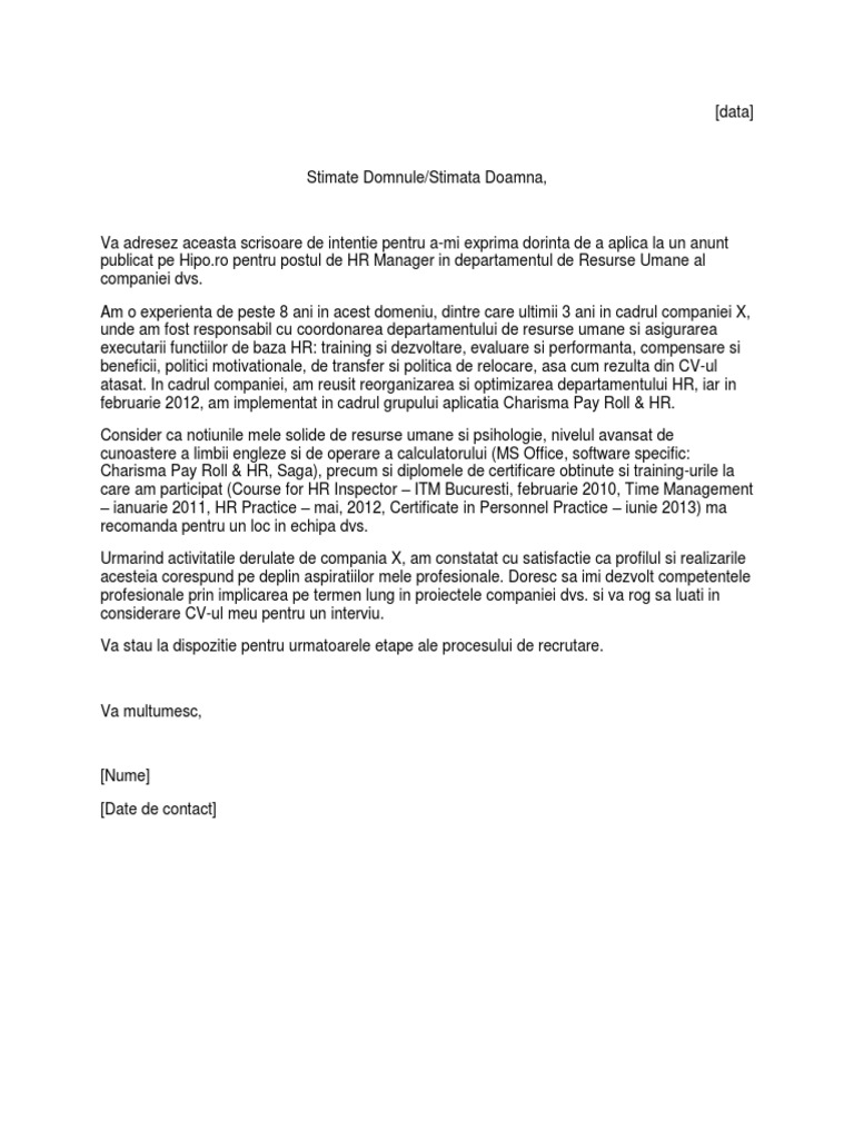 Model Scrisoare De Intentie Hr Pdf