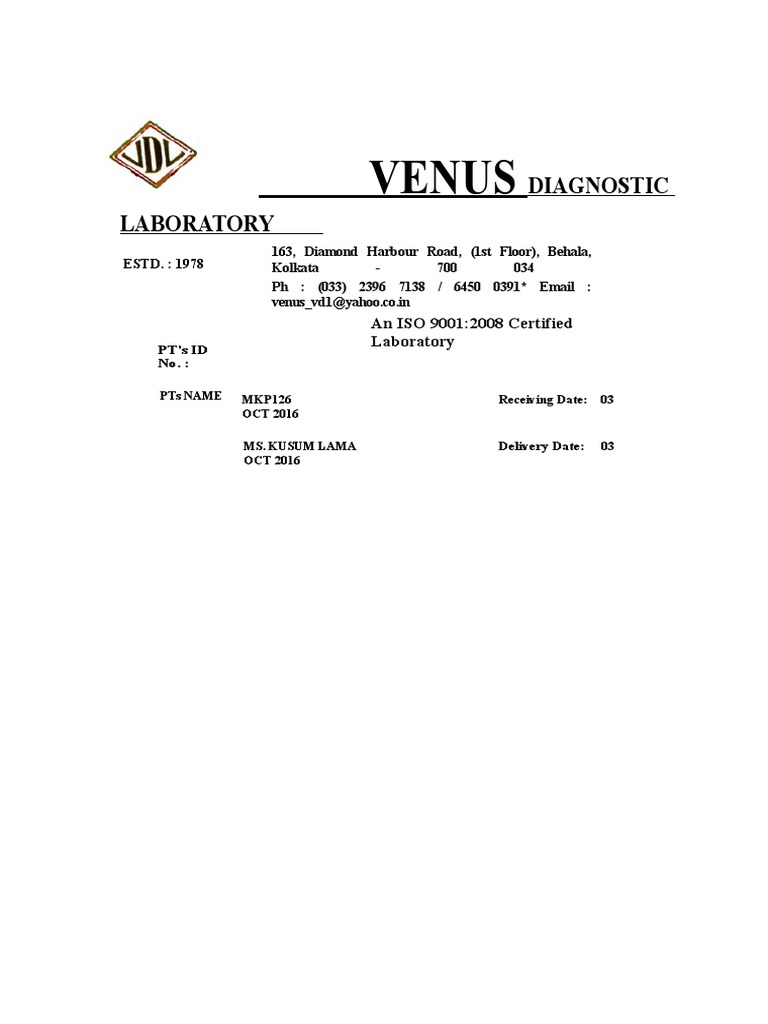 Venus Diagnostic Laboratory Report | PDF | Science & Mathematics