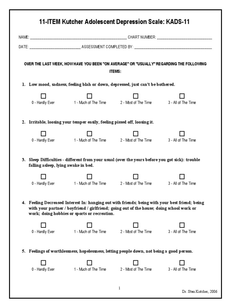 Kutcher Depression Scale KADS11 Major Depressive Disorder Psychological Concepts
