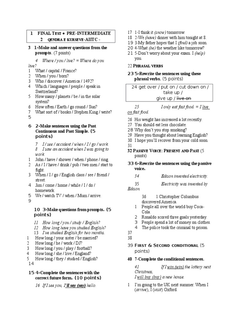 Pre-Intermediate Final Test Guide | PDF | Languages