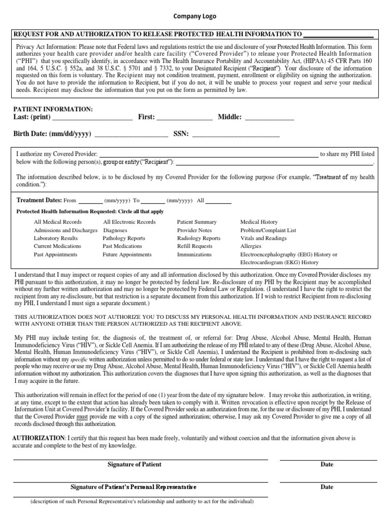 HIPAA Authorization for PHI Release Form | PDF | Health Insurance ...