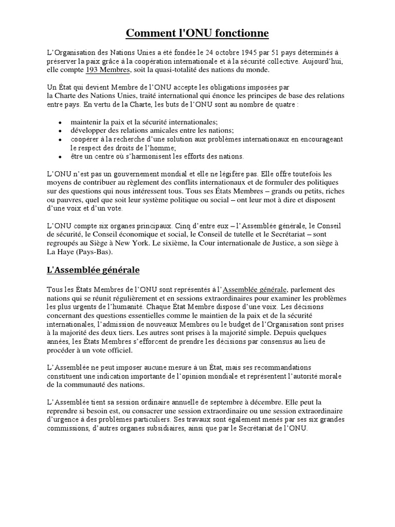 Fonctionnement de l'ONU et ses organes | PDF | Nations unies ...