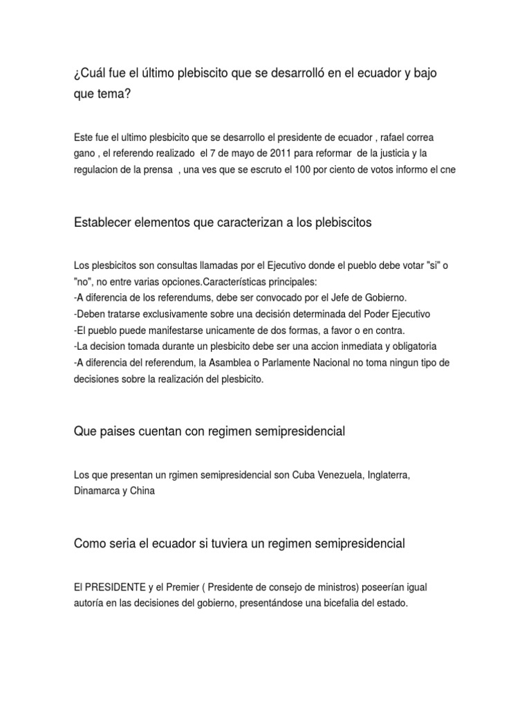 Cual Fue El Ultimo Plebiscito Que Se Desarrollo En El Ecuador Y Bajo Que Tema