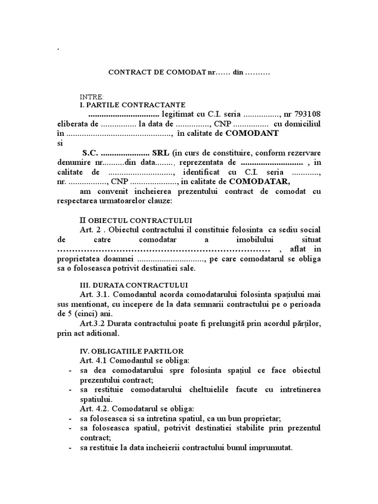 Model contract de comodat autoturism