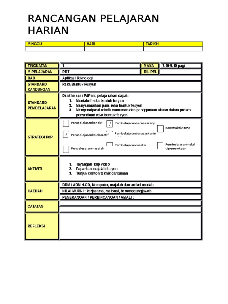 Contoh RPH Reka Bentuk Fesyen | PDF