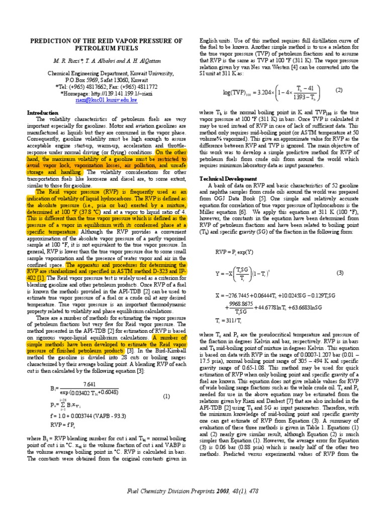 Predicting Reid Vapor Pressure of Fuels | PDF | Gasoline | Vapor