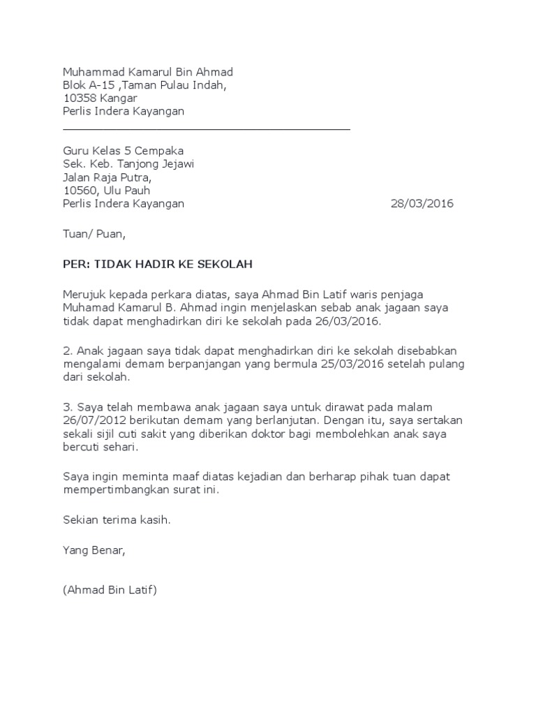 Surat Rasmi Memohon Cuti Sekolah Anak - Lucu Pro