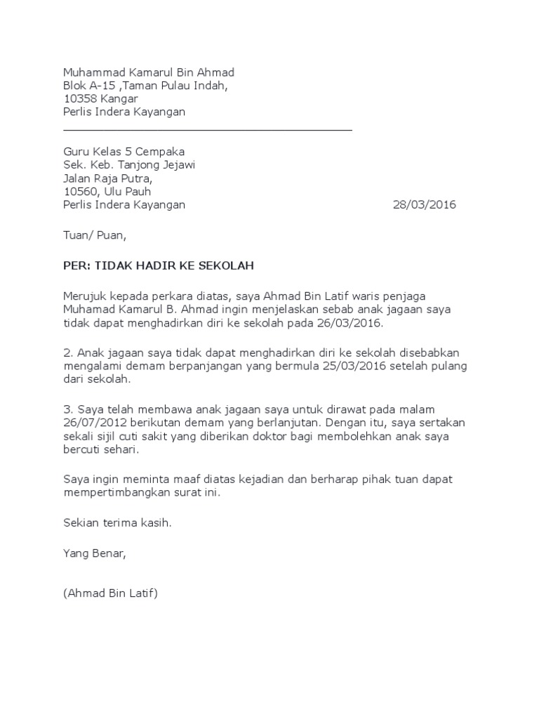 Contoh Surat Tidak Hadir Ke Sekolah Kerana Bimbang Covid 19