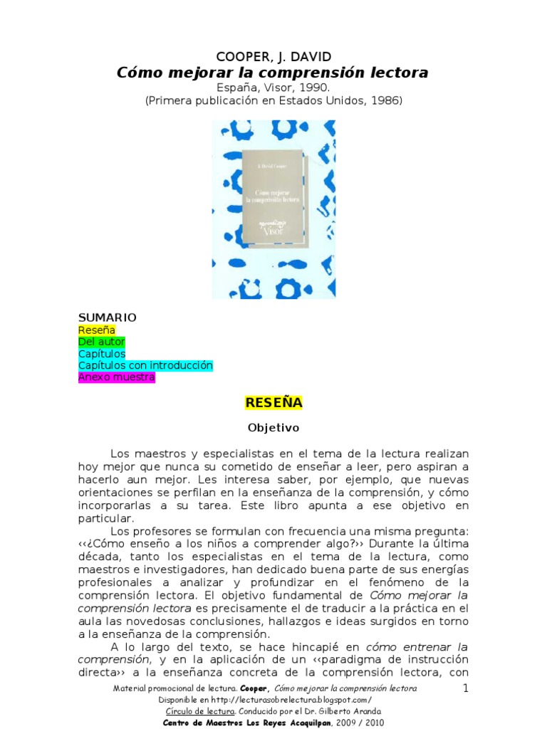 Mejora de la Comprensión Lectora | PDF | Comprensión lectora ...