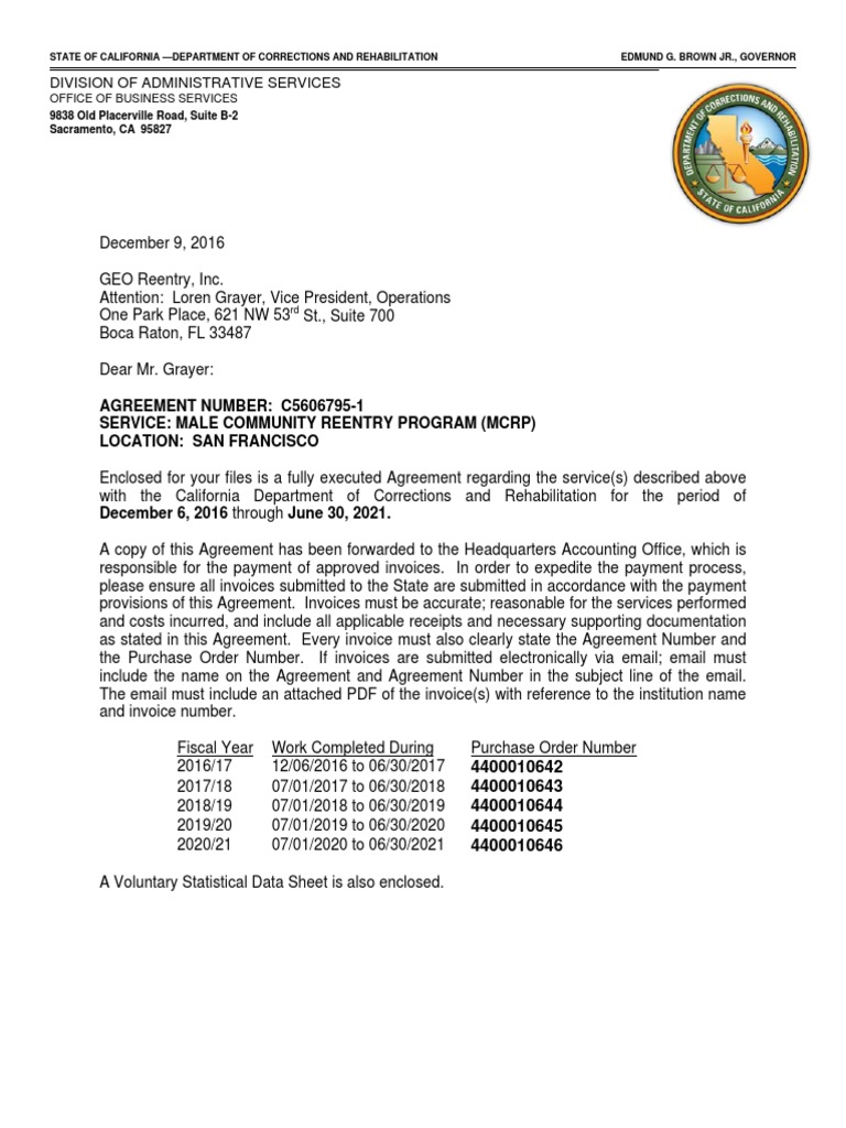 California-GEO Group Contract For MCRP Facility | PDF | California  Department Of Corrections And Rehabilitation | Security Clearance