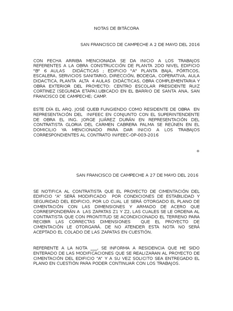Notas de Bitácora de Obra 2016 | PDF