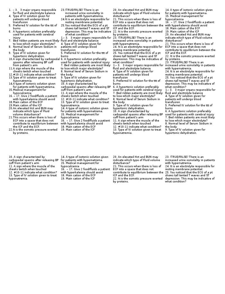 Fluid and Electrolyte Imbalance Quiz | PDF | Dehydration | Electrolyte