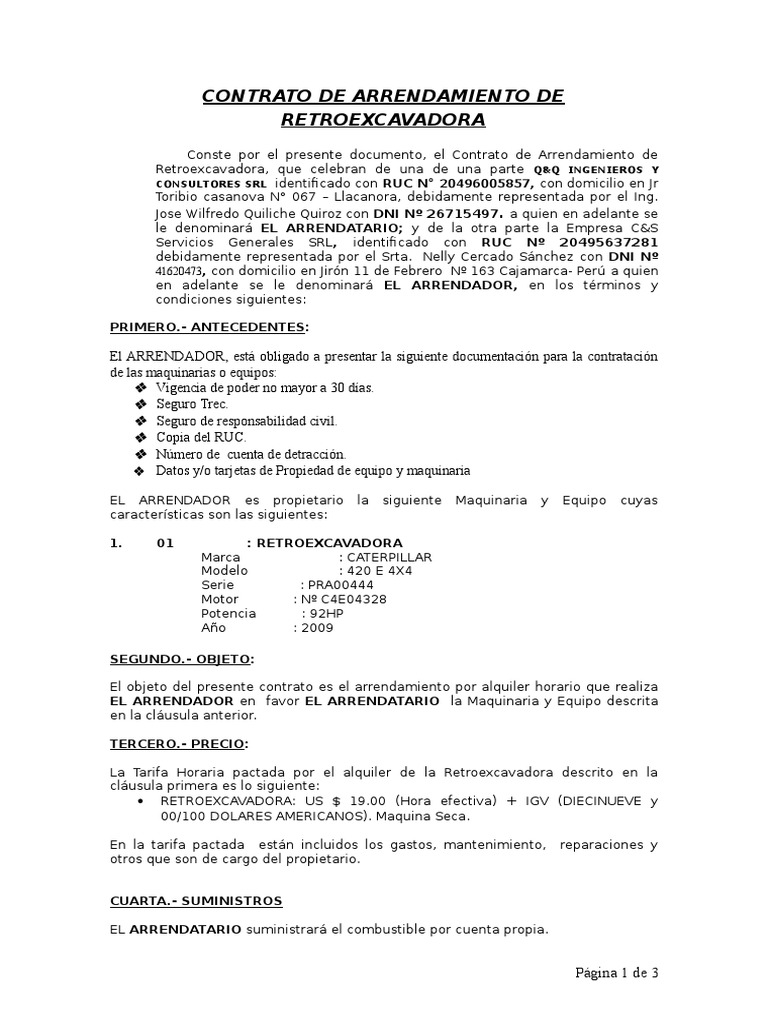 Contrato de Arrendamiento de Retroexcavadora | PDF | Alquiler | Gobierno