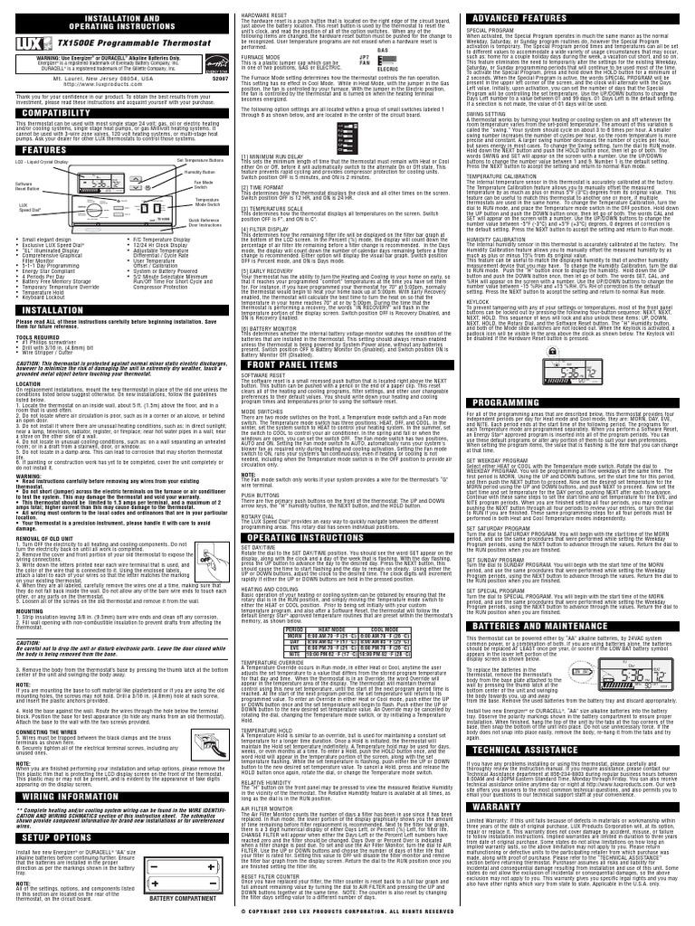 Lux TX1500E Thermostat User Guide | Thermostat | Switch
