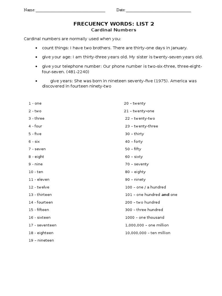 Cardinal Numbers Usage Guide | PDF