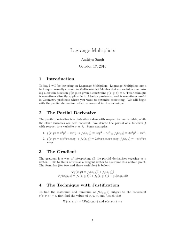Lagrange Multipliers Explained | PDF | Derivative | Variable (Mathematics)