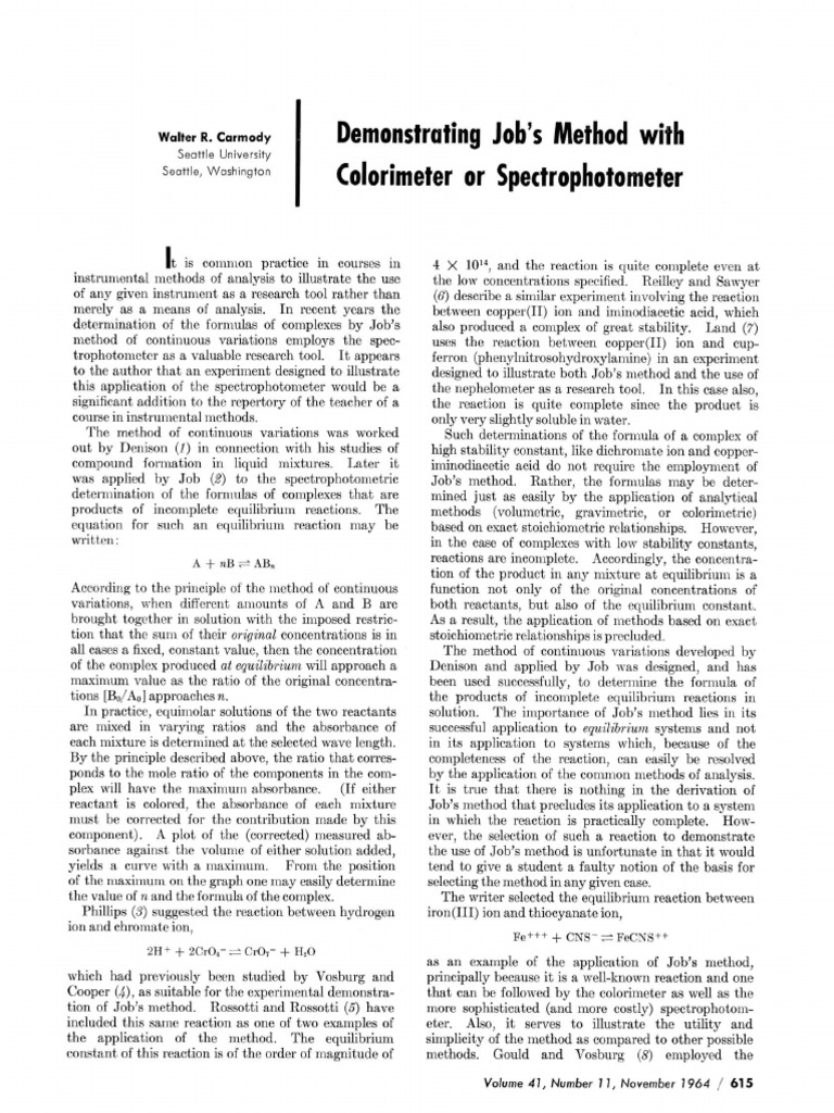 Demonstrating Job's Method With Colorimeter or Spectrophotometer PDF Chemical Equilibrium