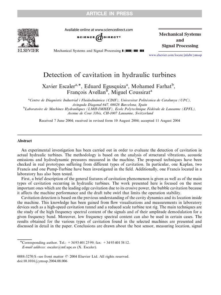 Cavitation Detection in Hydraulic Turbines | PDF | Turbine | Spectral ...