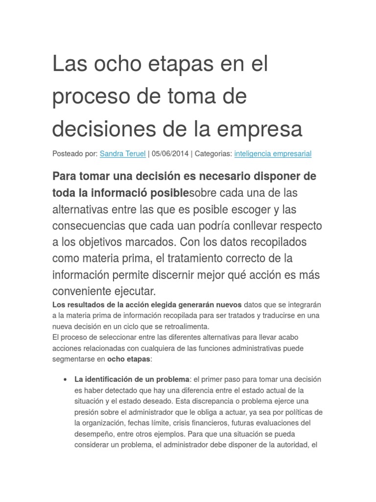 Ocho pasos en la toma de decisiones | PDF | Toma de decisiones | Simulación