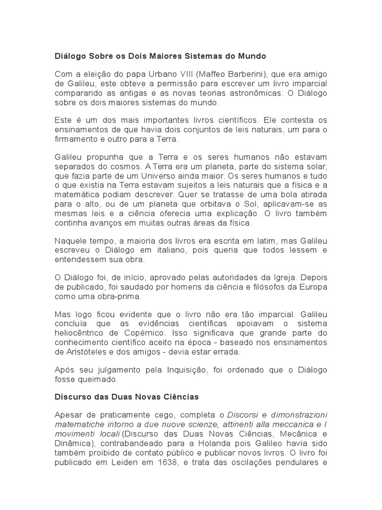 Diálogo Sobre Os Dois Maiores Sistemas Do Mundo Galileu Galilei Ciência Free 30day Trial